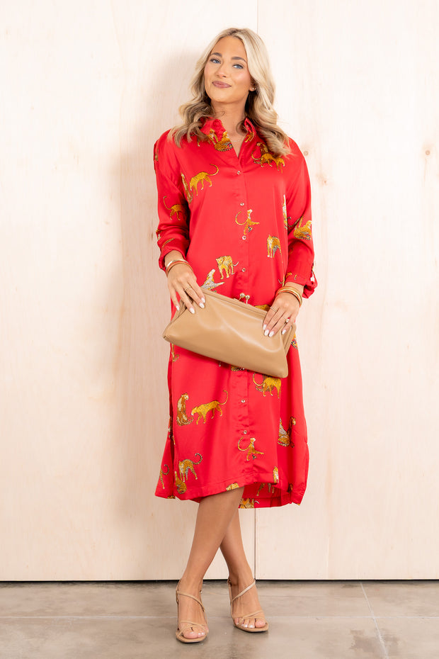 red leopard long sleeve dress Tianna Red Leopard Long Sleeve Midi Dress