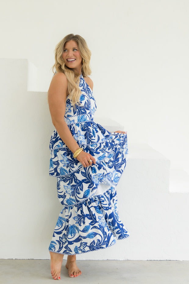 Wild Blooms Blue Floral Halter Midi Dress Wild Blooms Blue Floral Halter Midi Dress