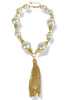 Ivy Gold and Cream Beaded Tassel Drop Necklace