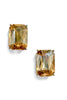 A pair of rectangular emerald-cut gemstone stud earrings in a warm amber-orange hue, set in gold-toned metal prongs against a plain white background.