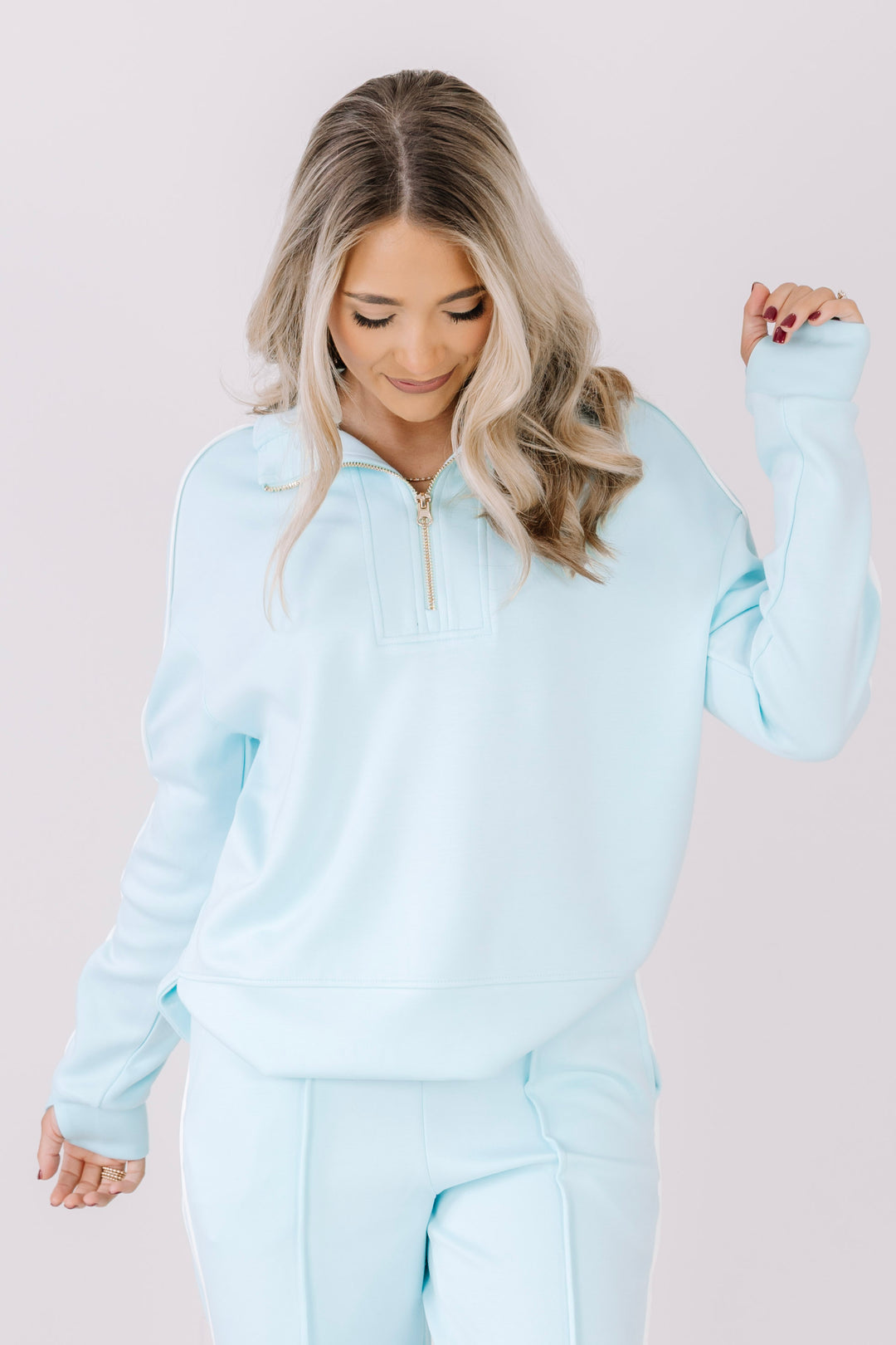 TWT Lux Collection Light Blue Piping Half Zip Long Sleeve Top