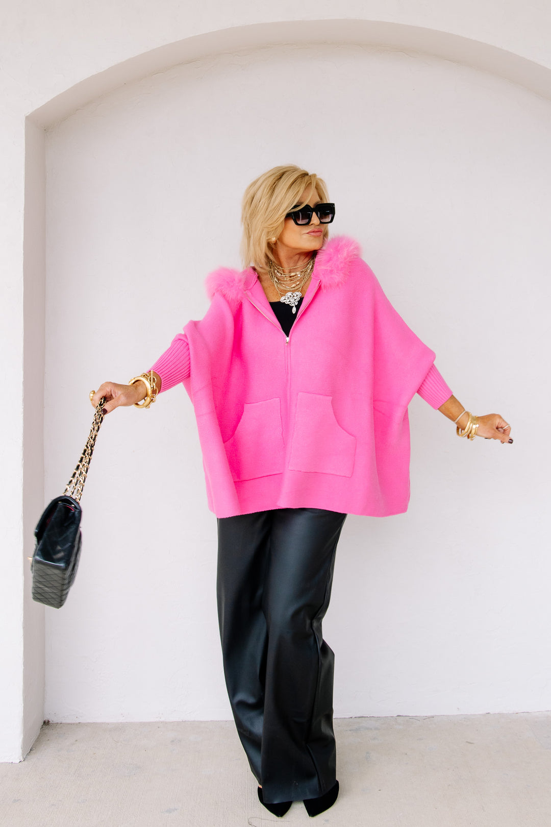 MITCHIE'S Aimee Hot Pink Fox Fur Poncho MITCHIE'S Aimee Hot Pink Fox Fur Poncho