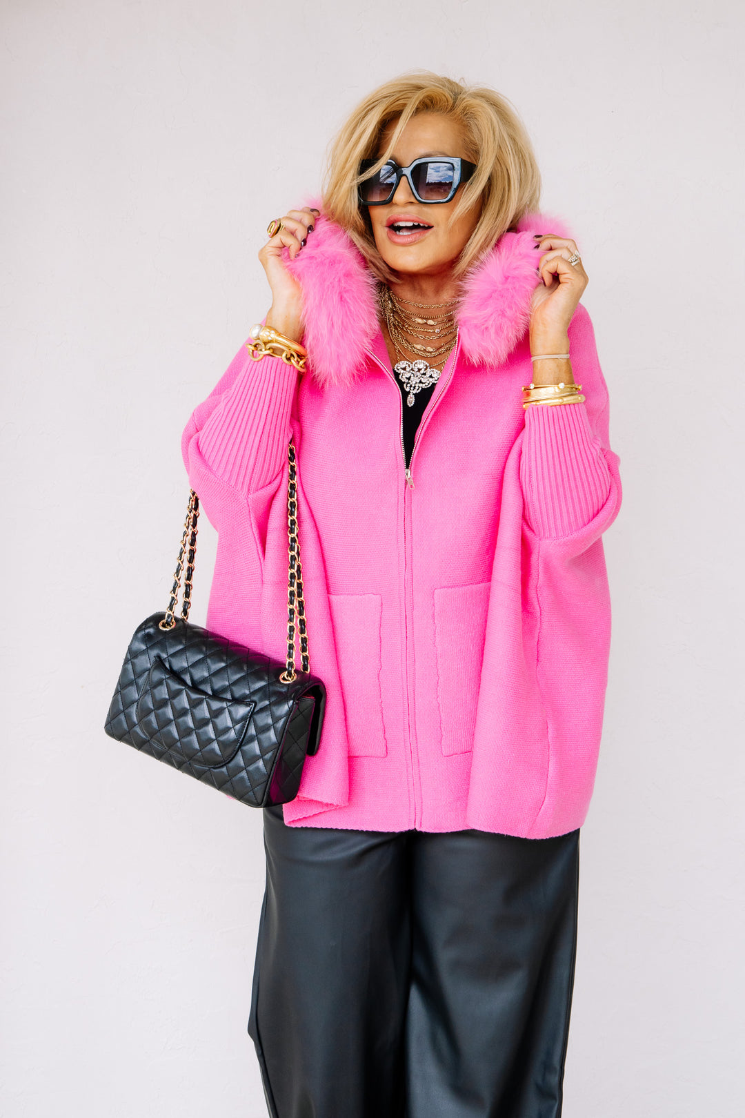 MITCHIE'S Aimee Hot Pink Fox Fur Poncho