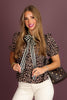 Into The Wild Mocha Striped Leopard Short Sleeve Blouse