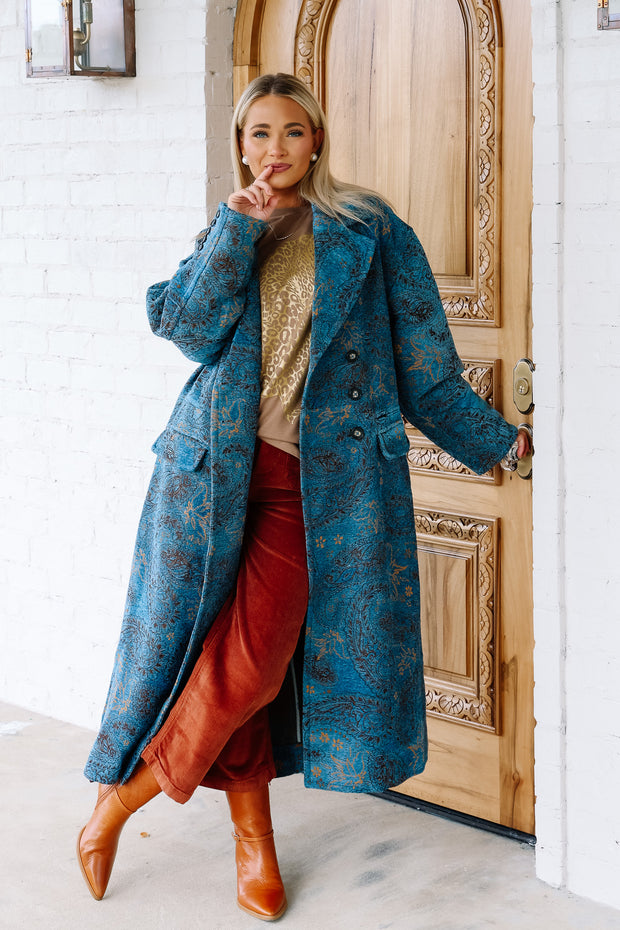 Free People Micah Blue Paisley Long Sleeve Duster Coat