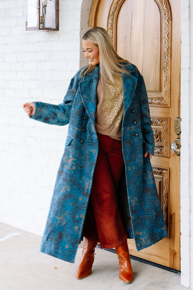 Free People Micah Blue Paisley Long Sleeve Duster Coat
