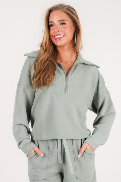 Spanx Airessentials French Rib Sage Brush Half Zip Long Sleeve Pullove