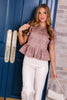 Cutie Brown And Ecru Faux Suede Short Sleeve Blouse