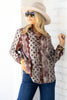 My Own Way Burgundy Abstract Print Long Sleeve Button Dow Blouse