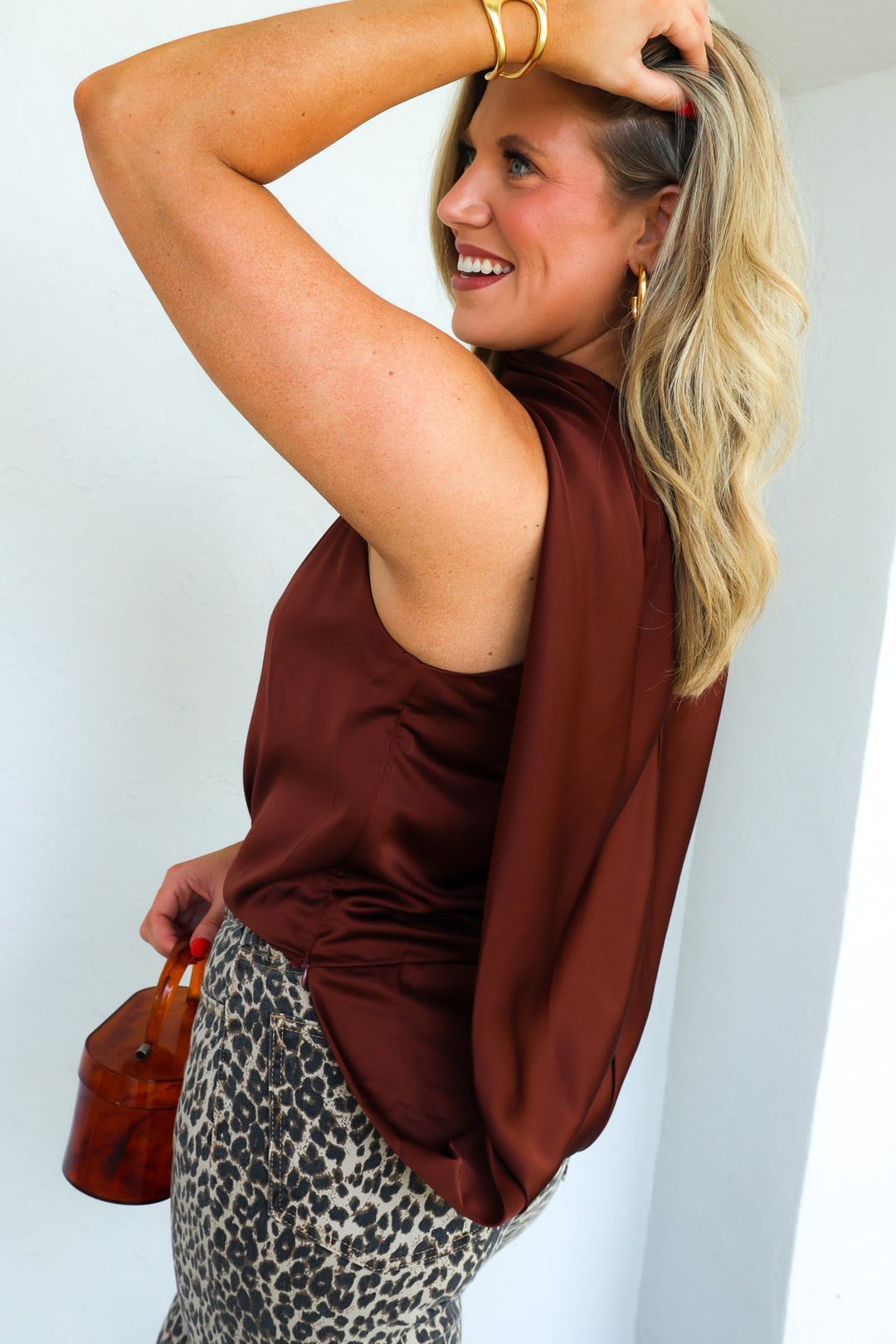 Mariah Chocolate Satin Sleeveless Blouse