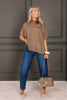 Caroline Khaki Mock Neck Short Sleeve Sweater
