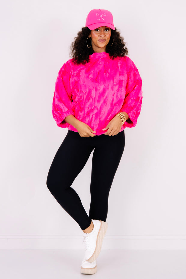 New Skies Cerise Faux Fur Short Sleeve Top