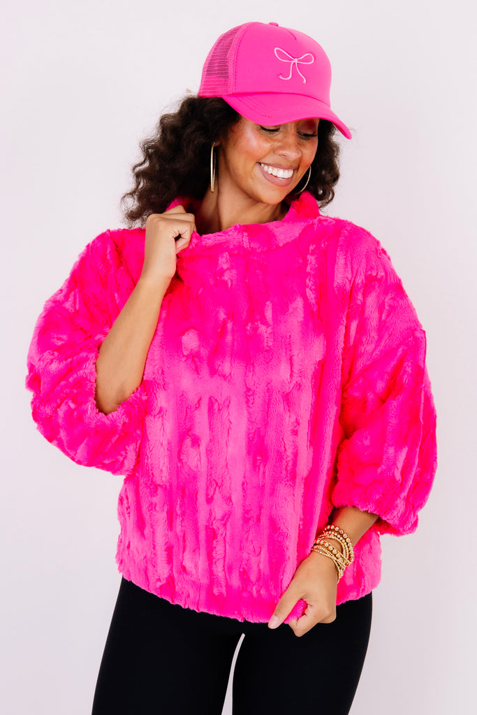 New Skies Cerise Faux Fur Short Sleeve Top