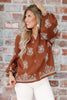 Fallon Brown Embroidered Button Down Long Sleeve Top