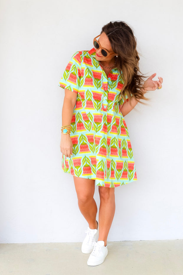 short sleeve spring dresses Showers Aqua Swing Shirt Dress * Machine washable Women's Girls Spring Summer Party