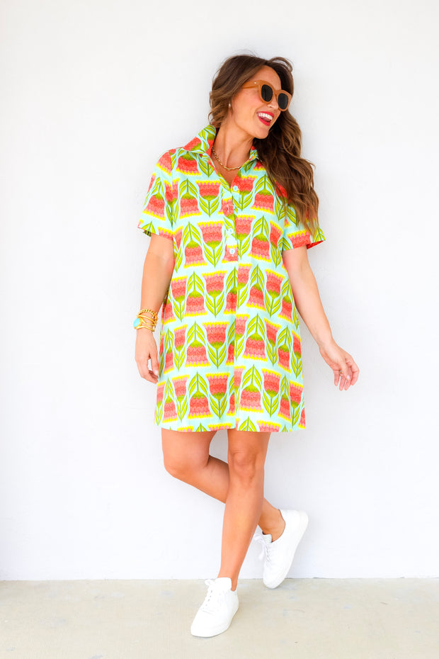 short sleeve spring dress Spring Showers Aqua Swing Short Sleeve Shirt Dress
